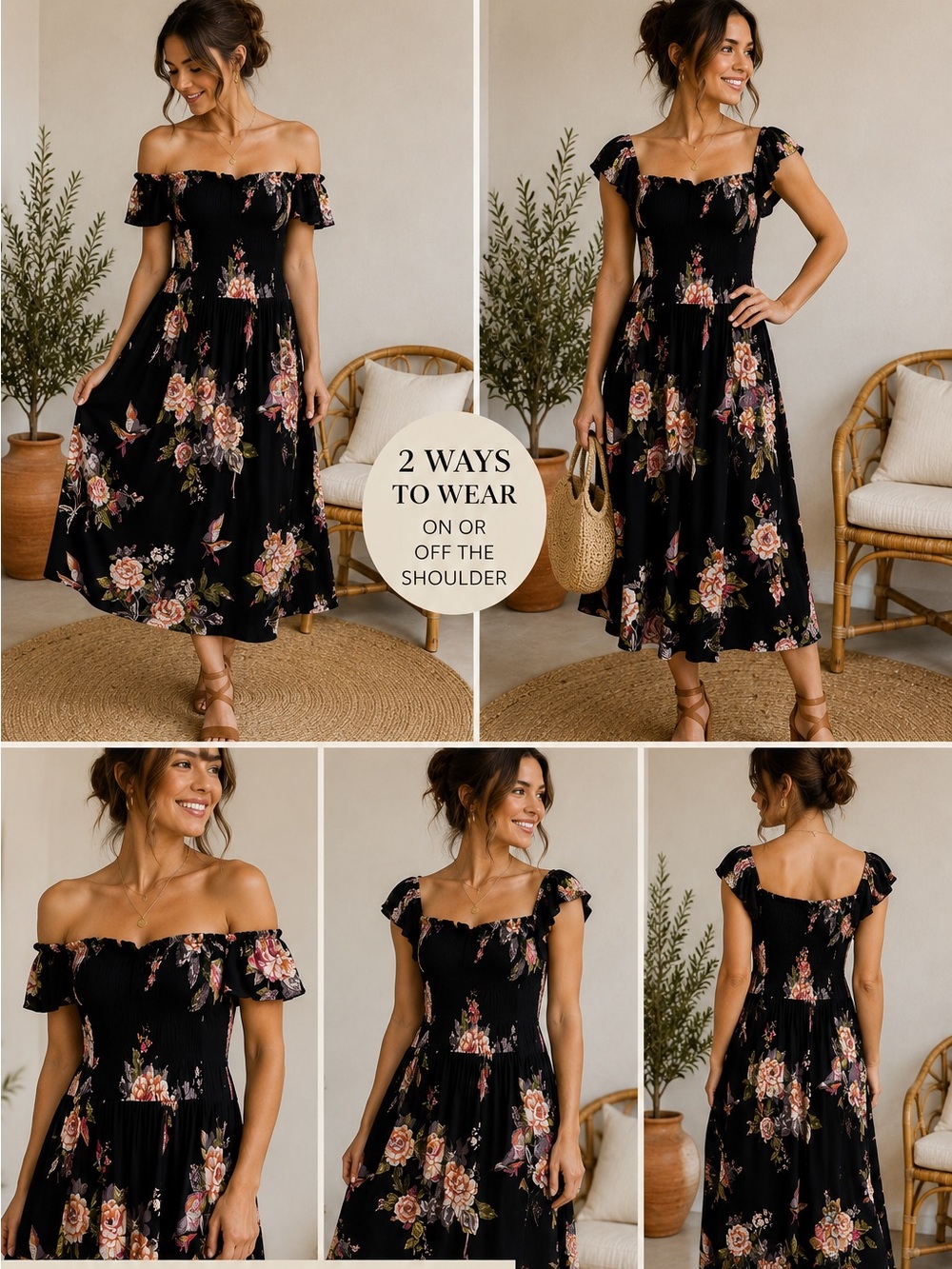 Angie NWT Floral Midi Dress Small Black Off‎ Shoulder Boho Cottagecore Rayon